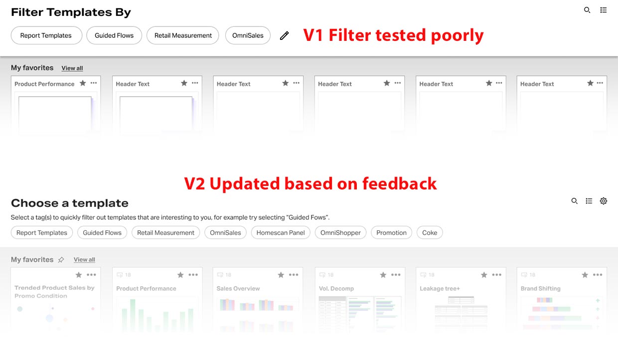 Template filter design: version 1, which tested poorly, compared with version 2 updated from user feedback