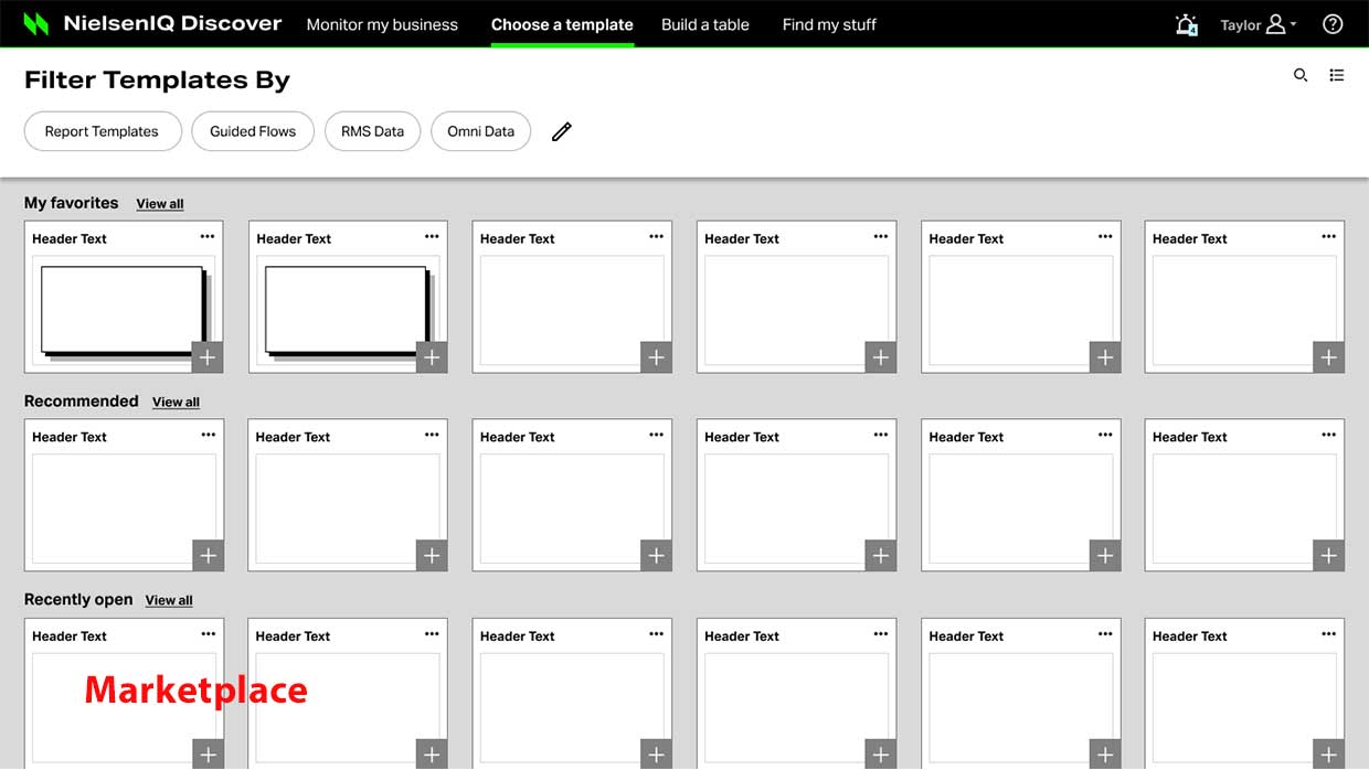 High-fidelity NielsenIQ Discover marketplace: filter templates by report type, with favorites, recommended and recently opened