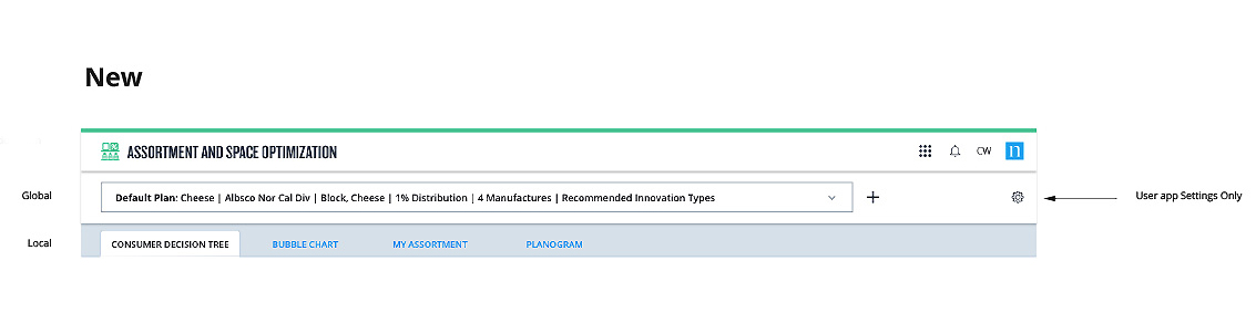 Redesigned app header for Assortment and Space Optimization, with global settings separated from local tabs