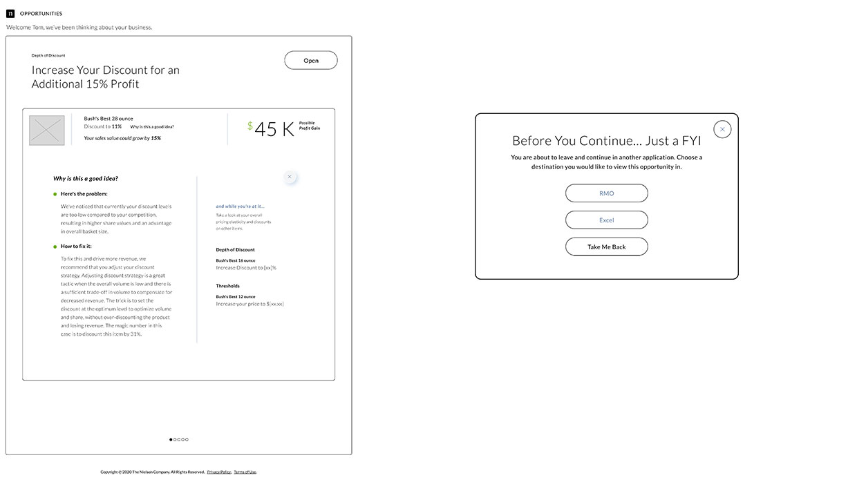Wireframe ideation for an opportunity card with a 'why is this a good idea' detail panel and a 'before you continue' dialog