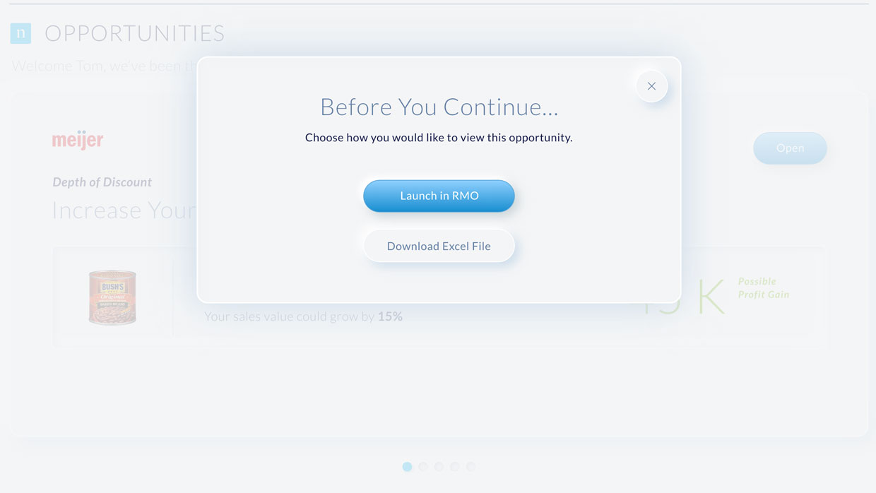 UX detail: 'Before you continue' dialog to launch the opportunity in RMO or download an Excel file