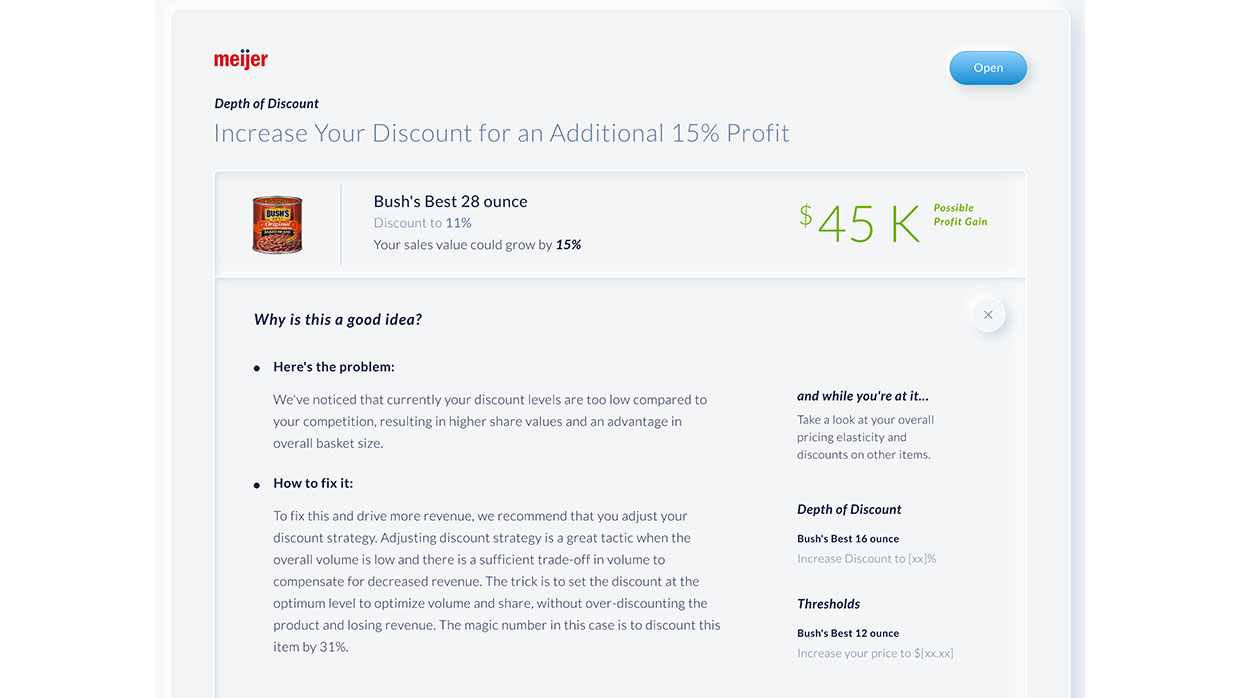 Prototype of the expanded opportunity card explaining the problem and how to fix it, with related discount suggestions