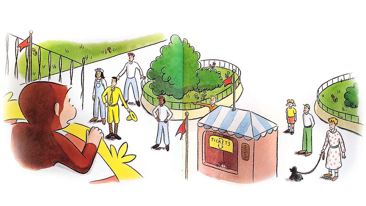 Dream spread from Curious George's Dream: George in the park watching people, a dog and a ticket stand
