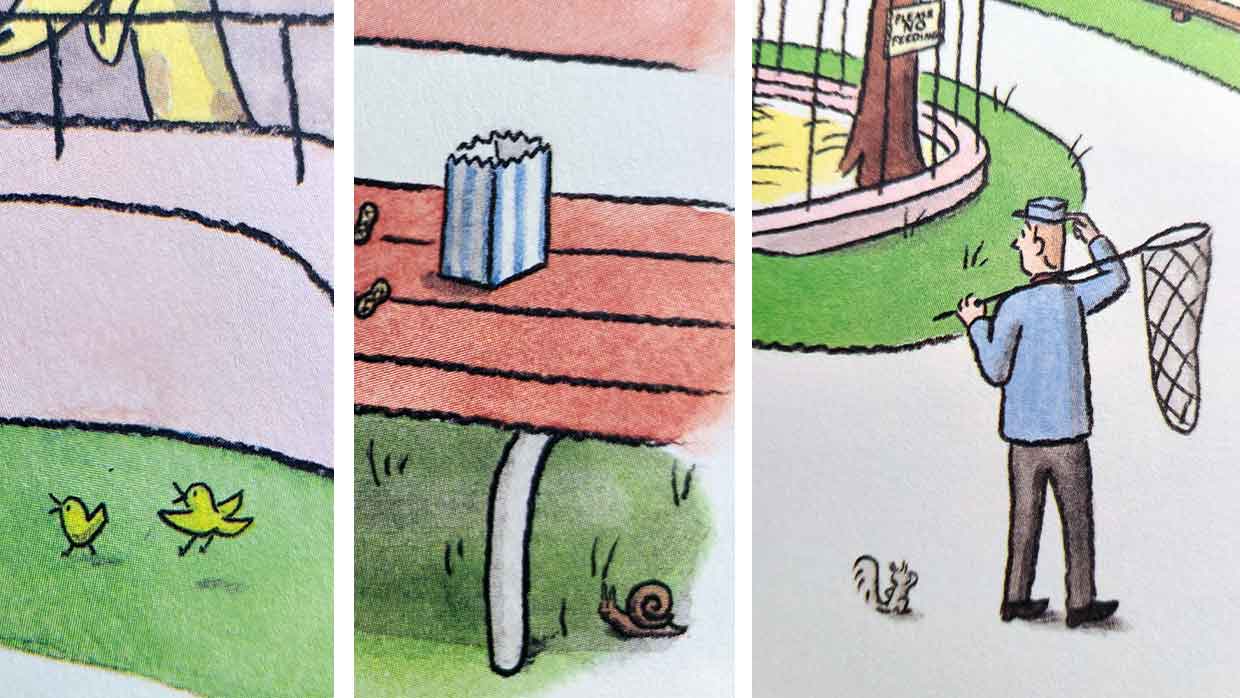 Details added to the animal book: birds, a snail and a squirrel painted into existing Curious George scenes