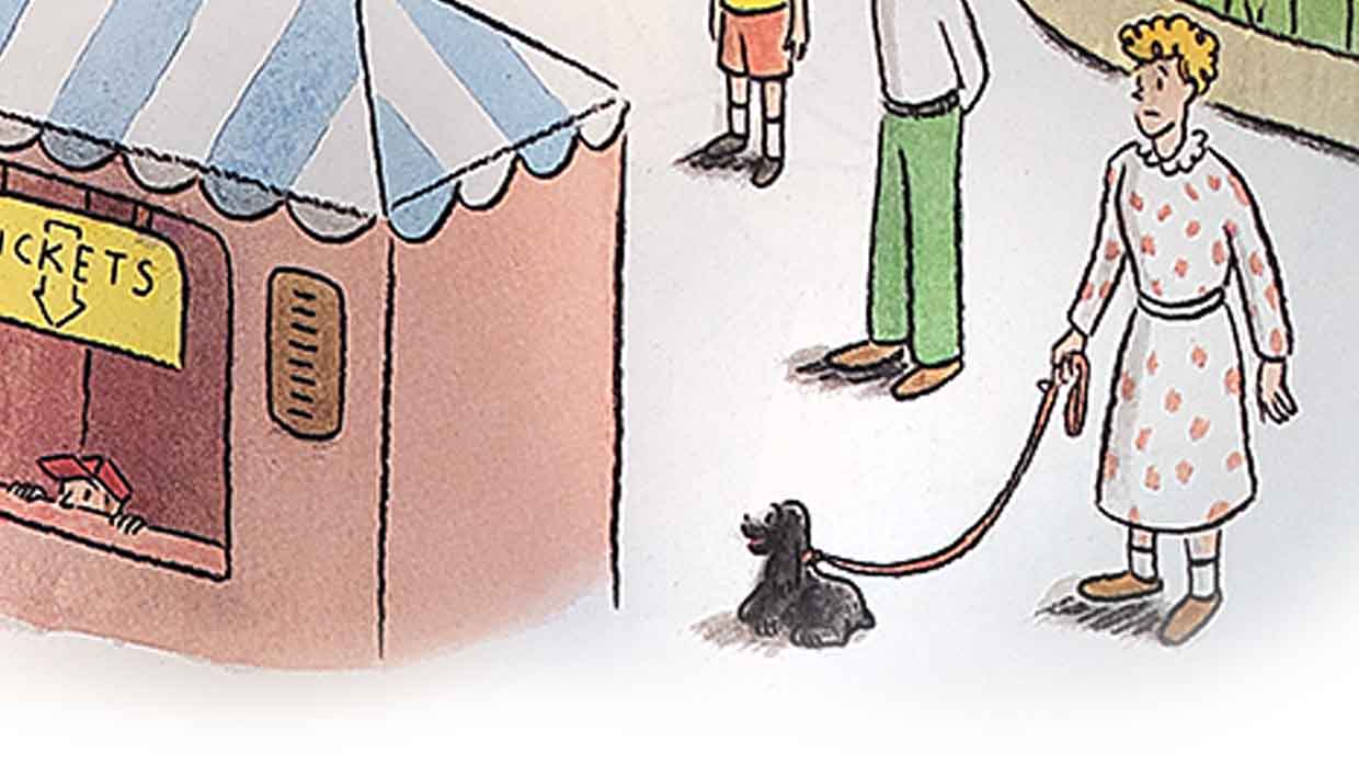 Detail of Margret Rey's cameo, walking a small black dog past the ticket stand on page 21 of Curious George's Dream