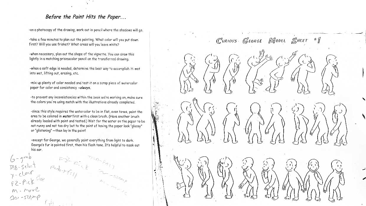 Curious George model sheet with painting notes on watercolor technique for keeping the illustrations consistent